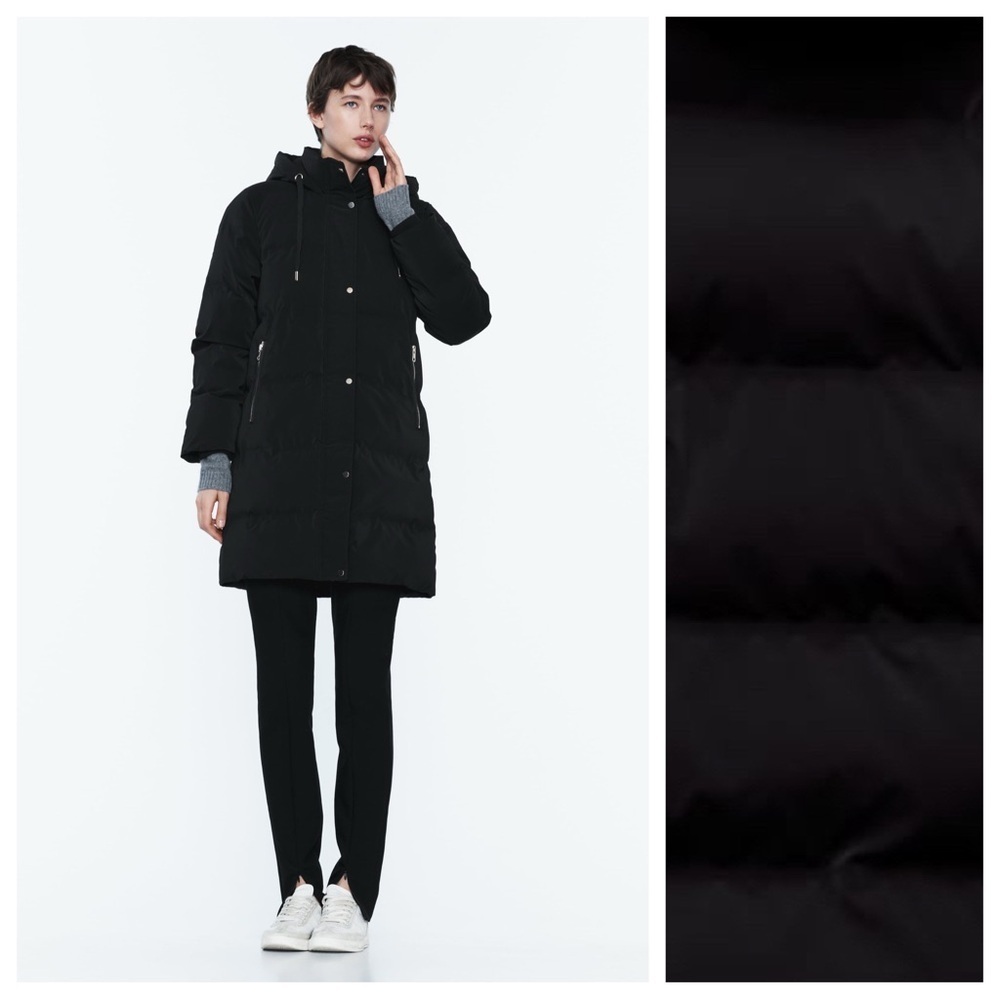 NWT Zara Black Quilted Windproof Jacket with Hood. Size L.